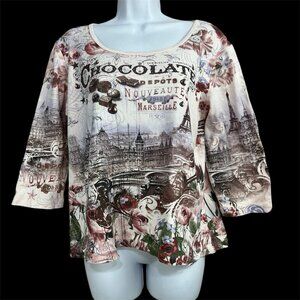 Vtg Y2K Graphic‎ Top Chocolate Paris Cityscape Eiffel Tower Sz M Pink Rhinestone